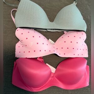 Lot of 3 Victoria's Secret and Pink-Green, Pink Heart and Hot Pink Bra Trio 36C
